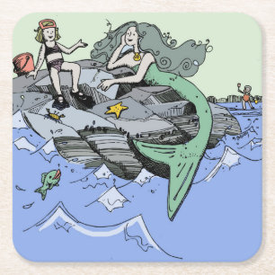 Sjöjungfru, söt tecknad, barnkonst i strandnära va underlägg papper kvadrat