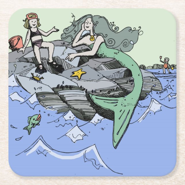 Sjöjungfru, söt tecknad, barnkonst i strandnära va underlägg papper kvadrat (Framsidan)