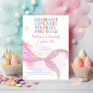Sjöjungfru Sparkles Guld Birthday Inbjudningar