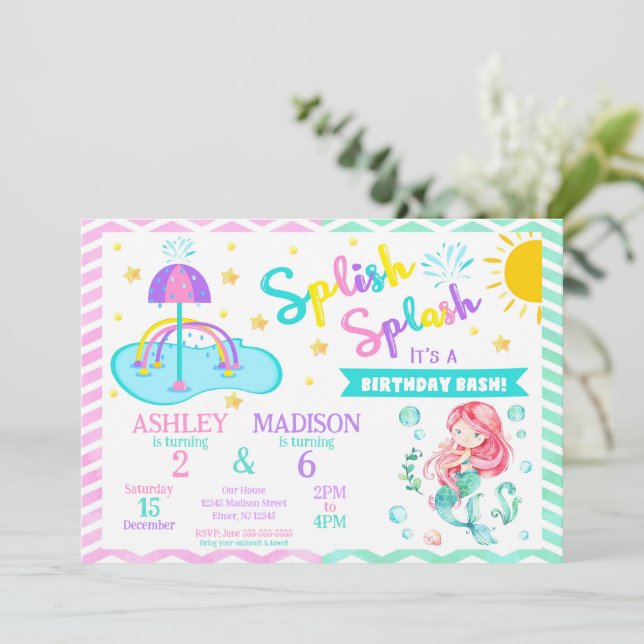 Sjöjungfru & Splash Pad Gemensam födelsedagsfest | Inbjudningar (Stående Fram)