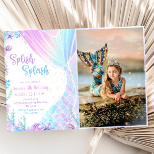 Sjöjungfru Splish Stänk Party 4e födelsedagen Phot Inbjudningar