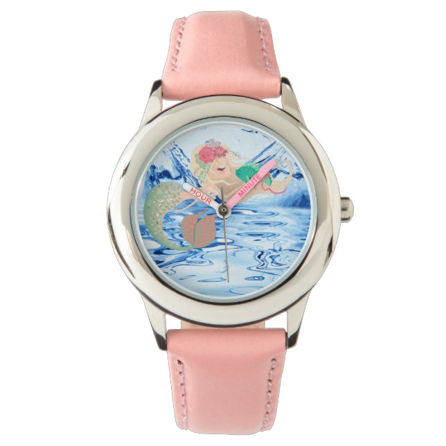Sjöjungfru - Stainless Steel Rosa Leather Strap Wa Armbandsur (Framsida)
