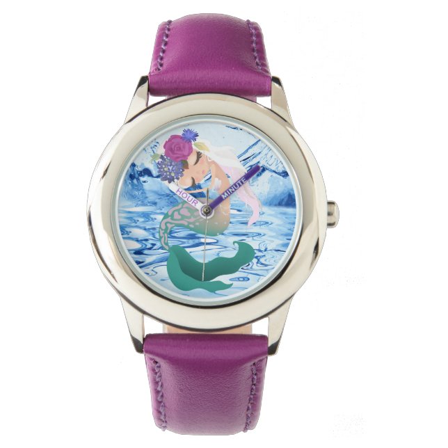 Sjöjungfru - Stainless Steel Rosa Leather Strap Wa Armbandsur (Framsida)