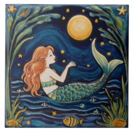 Sjöjungfru Starry Night Sea Ocean Fairytale Navy B Kakelplatta