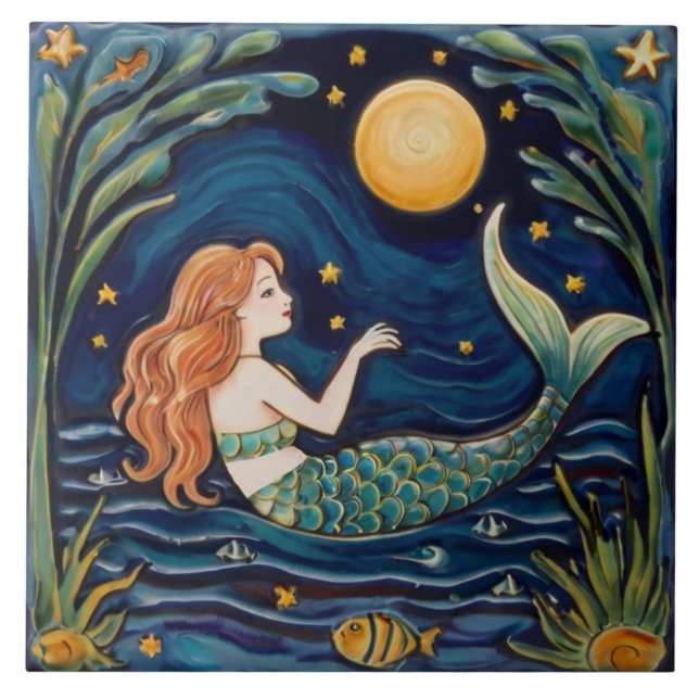 Sjöjungfru Starry Night Sea Ocean Fairytale Navy B Kakelplatta (Framsidan)