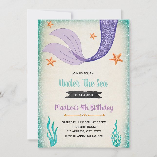 Sjöjungfru stjärt fest inbjudan (Framsida)