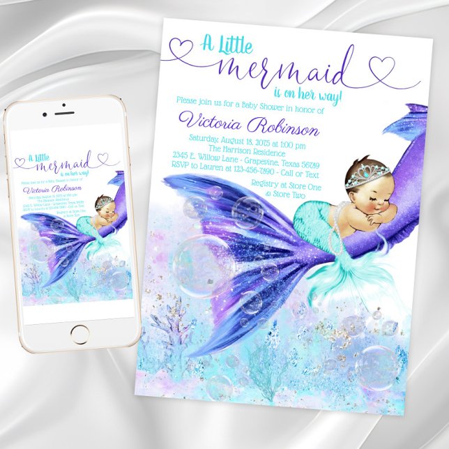 Sjöjungfru Svan Baby Shower Brunette Sjöjungfru Inbjudningar (Pretty mermaid baby shower invitation. Instant download and printed invitations available.)