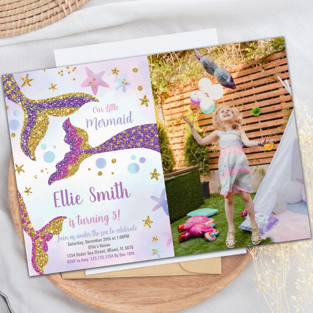 Sjöjungfru Svan Glitter födelsedag Inbjudningar (Mermaid Tails Glitter Birthday Invitations w photo)