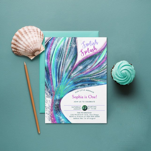 Sjöjungfru Svan Holograf Watercolor 1:a födelsedag Inbjudningar (mermaid birthday invitation 1st under the sea onederful girl party holographic glitter cute)