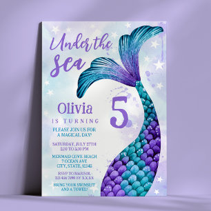 Sjöjungfru Svan i Lila + Teal Watercolor Birthday Inbjudningar