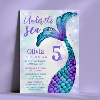 Sjöjungfru Svan i Lila + Teal Watercolor Birthday Inbjudningar
