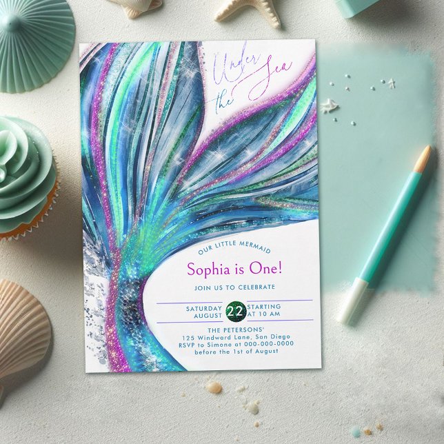 Sjöjungfru Svan Iridescent Glitter 1:a födelsedag Inbjudningar (mermaid birthday invitation 1st under sea onederful girl party holographic glitter cute watercolor)