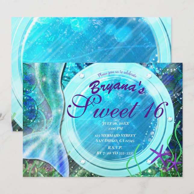 Sjöjungfru Svan Magic under Sea Sweet 16 Birthday Inbjudningar (Fram/baksida)