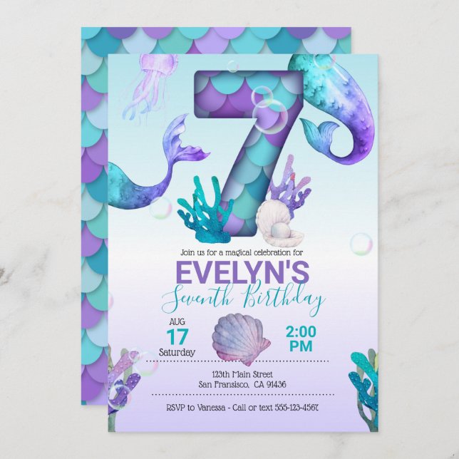 Sjöjungfru Svan Sjöjungfru bjudan till 7:e födelse Inbjudningar (Fram/baksida)