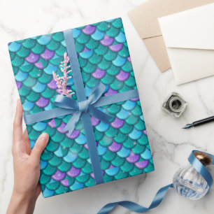 Sjöjungfru Svan skalor Grönt och Lila Mönster Presentpapper