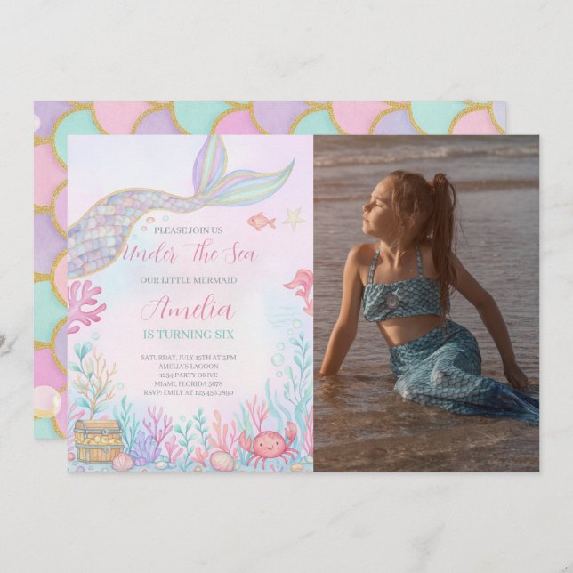 Sjöjungfru Svan under Havsdagfoto Inbjudningar (Fram/baksida)