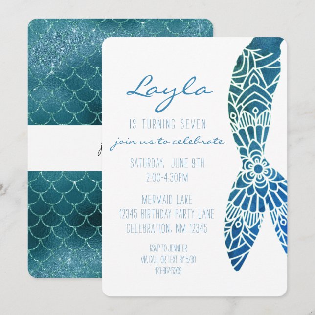 Sjöjungfru Svan under inbjudan till Sea Girl Birth (Fram/baksida)