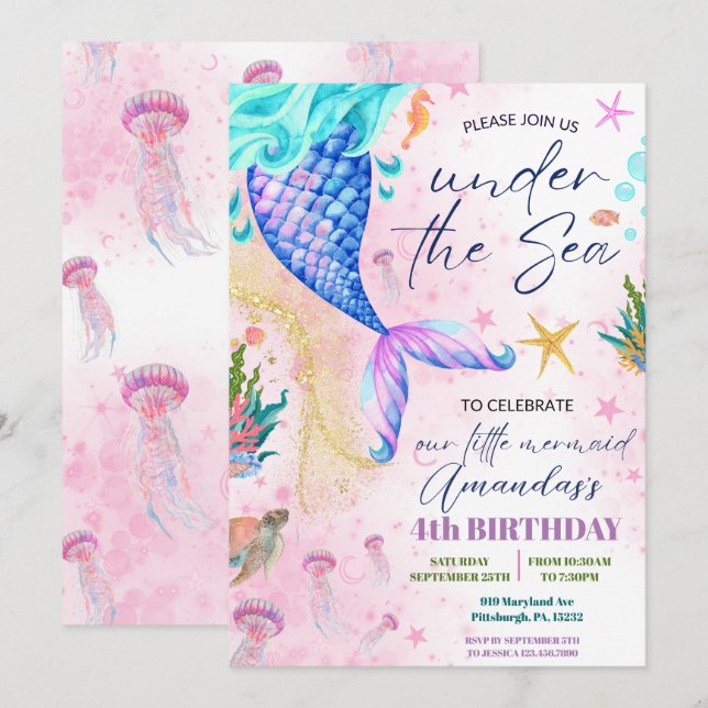 Sjöjungfru svan Watercolor Birthday under Sea Inbjudningar (Fram/baksida)