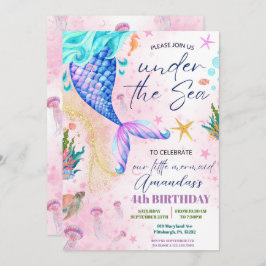 Sjöjungfru svan Watercolor Birthday under Sea Inbjudningar