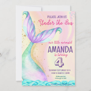 Sjöjungfru svan Watercolor Birthday under Sea Inbjudningar