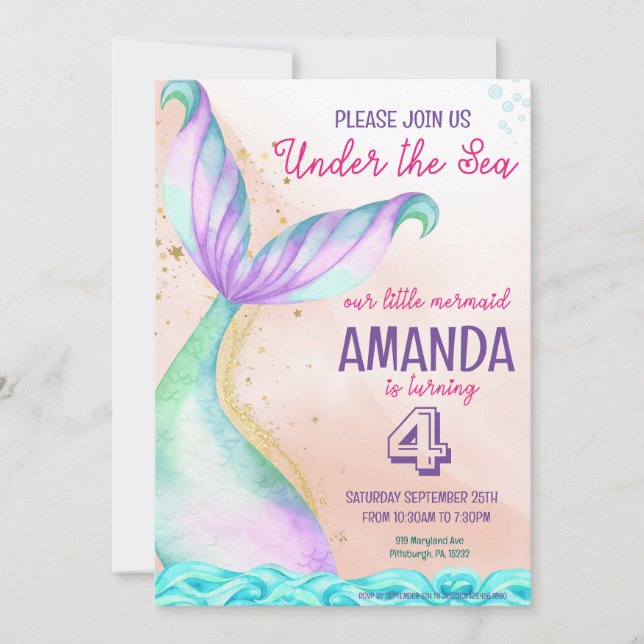 Sjöjungfru svan Watercolor Birthday under Sea Inbjudningar (Framsida)