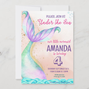 Sjöjungfru svan Watercolor Birthday under Sea Inbjudningar