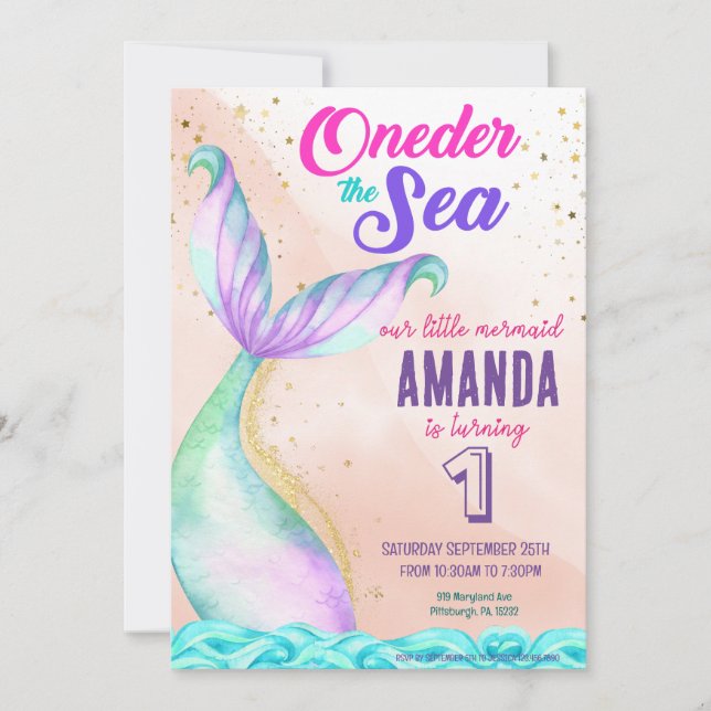Sjöjungfru svan Watercolor Birthday under Sea Inbjudningar (Framsida)
