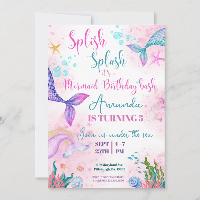 Sjöjungfru svan Watercolor Birthday under Sea Inbjudningar (Framsida)