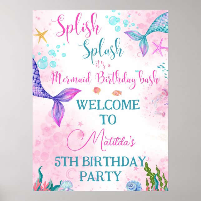 Sjöjungfru svan Watercolor Birthday under Sea Poster (Framsidan)