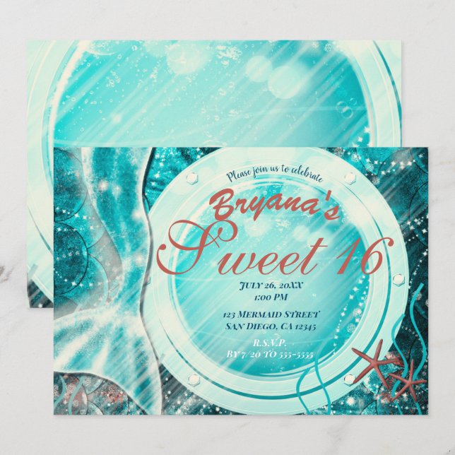 Sjöjungfru svans under havet Sweet 16 teal födelse Inbjudningar (Fram/baksida)