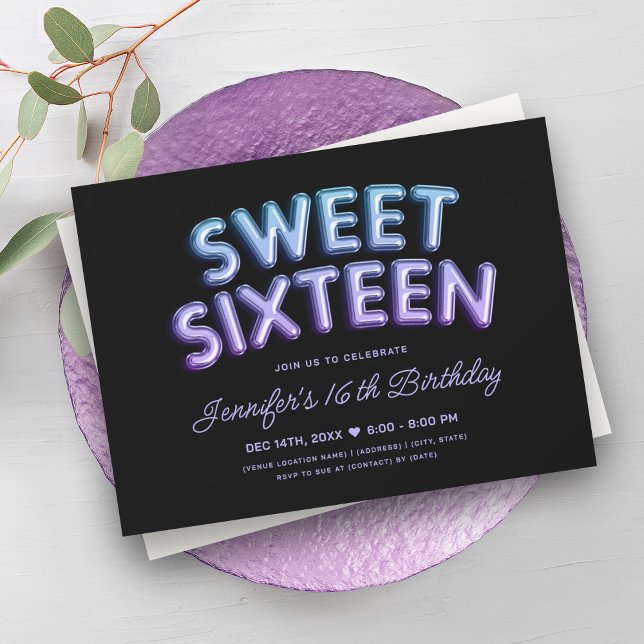 Sjöjungfru Svart Lila Balloons Black Sweet 16 Inbjudningar (Mermaid Teal Purple Balloons Black Sweet 16 Invitation)