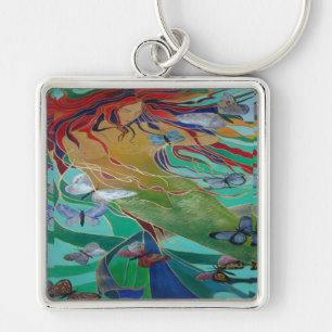 Sjöjungfru Swimming med Butterflies Fantasy Art Fyrkantig Silverfärgad Nyckelring