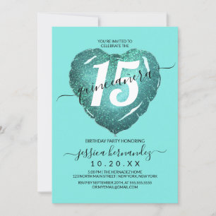 Sjöjungfru Teal Glitter Heart Balloon Quinceañera Inbjudningar