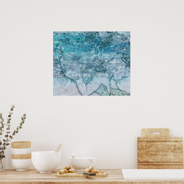 Sjöjungfru Teal Grönt Nautical Ocean Vågar Decoupa Poster (Kök)