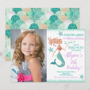 Sjöjungfru teal guld under foto på årsdagen inbjudningar