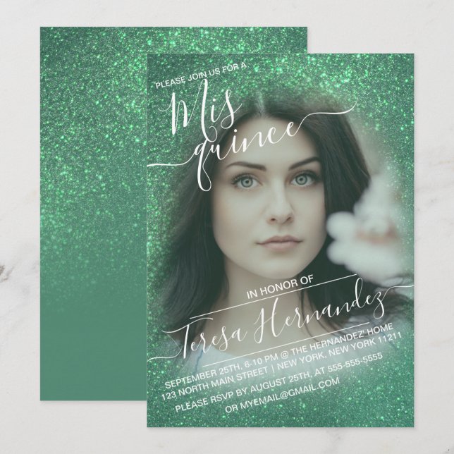 Sjöjungfru Teal Sparkly Glitter Photo Quinceañera Inbjudningar (Fram/baksida)