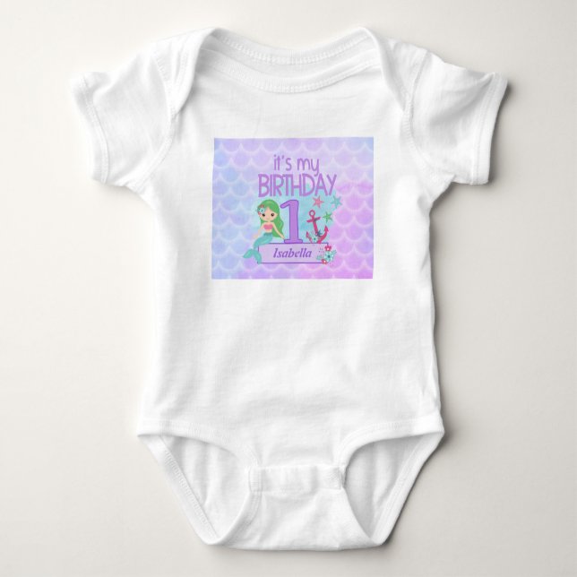Sjöjungfru tema 1:a födelsedag Baby Body T Shirt (Framsida)