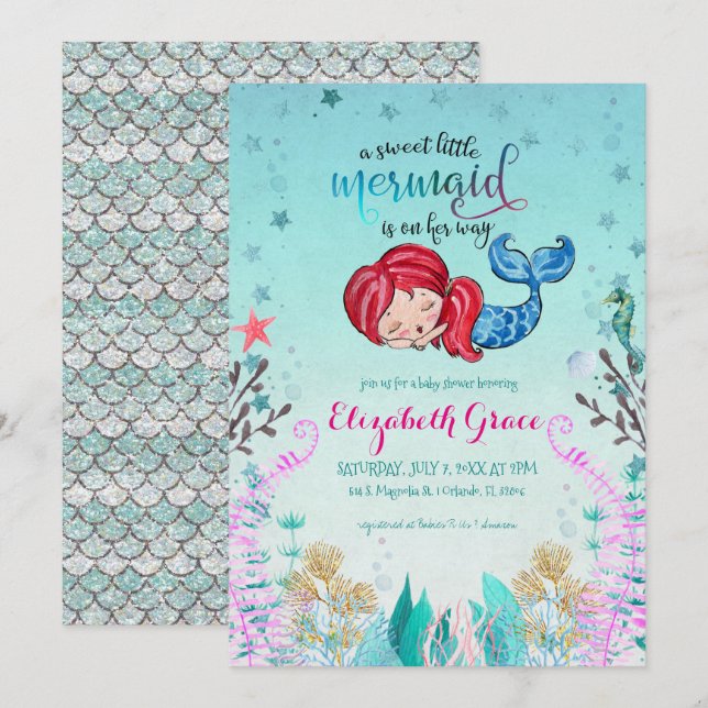Sjöjungfru Tema Baby Shower Inbjudan (Fram/baksida)