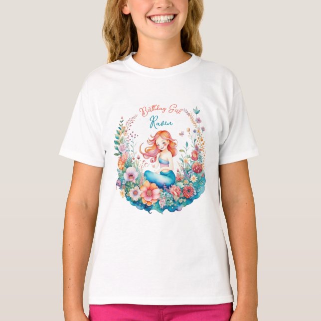Sjöjungfru Tematisk Blommig Flickas Födelsedagspre T Shirt (Framsida)