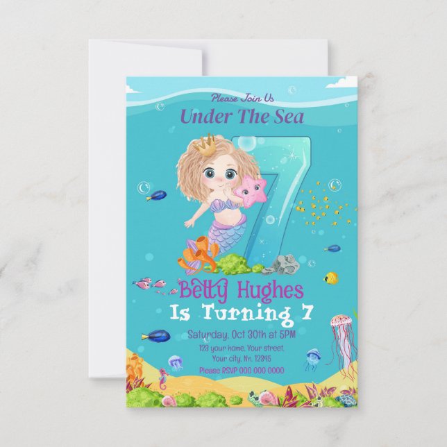 Sjöjungfru under 7:e-födelsedagsinbjudan till sjös inbjudningar (Framsida)