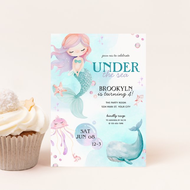 Sjöjungfru under Flick kalas Inbjudningar (Girls Mermaid Under the Sea Birthday Invite)