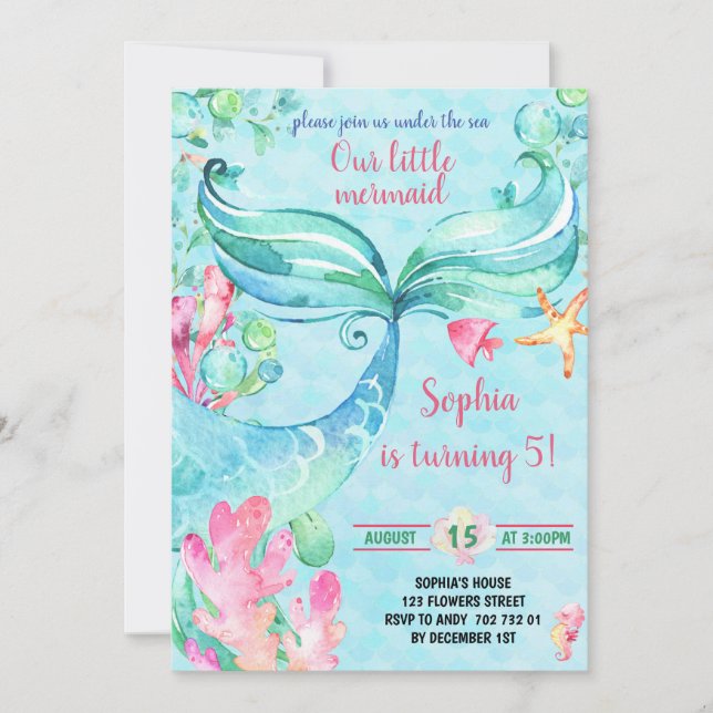 Sjöjungfru under Födelsedagsfesten Sea Girl Inbjudningar (Framsida)