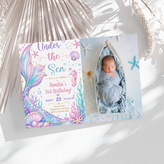 Sjöjungfru Under Havet 3-års Födelsedagsflicka Inbjudningar (Skapare uppladdad)