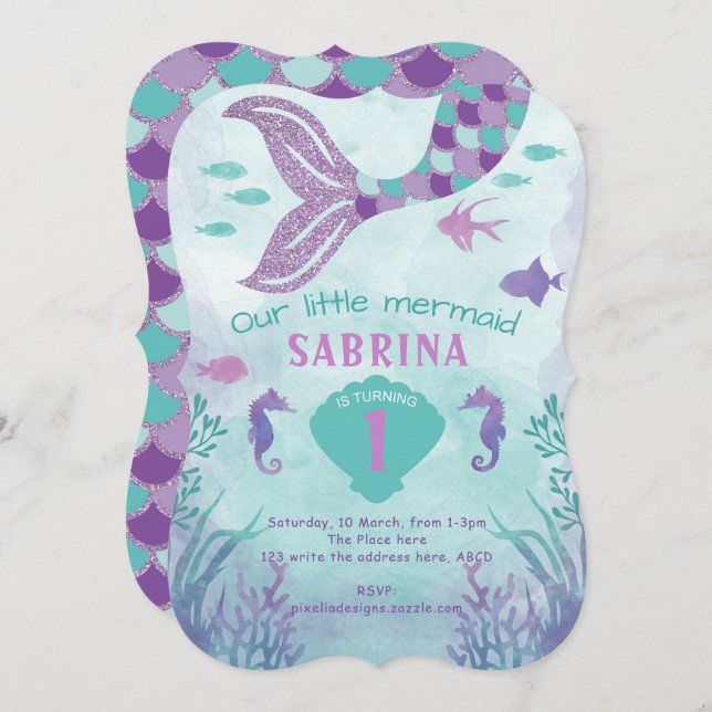 Sjöjungfru, under havet, Glitter, Svan, flicka Inbjudningar (Fram/baksida)