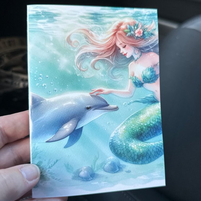 Sjöjungfru Under havet Kust Tack Kort (Mermaid with Dolphin Under the Sea blank notecard stationery)
