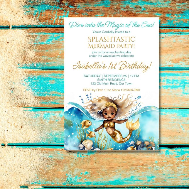 Sjöjungfru under havet Söt Afrikas flicka party Inbjudningar (Mermaid under the sea birthday party template invitation cute African baby girl withg old  seashells)