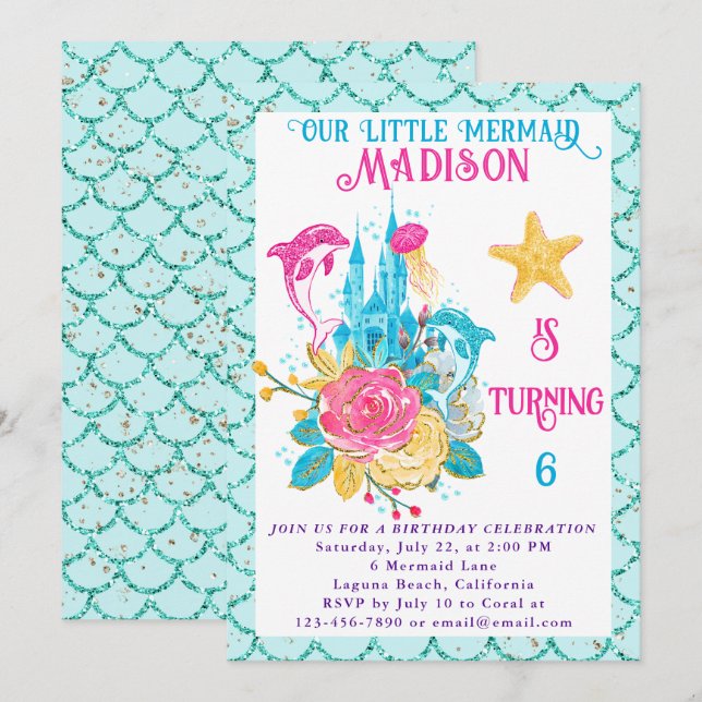 Sjöjungfru Under Havet Turkos Glitter Födelsedag Inbjudningar (Fram/baksida)