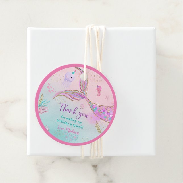 Sjöjungfru under Havets Rosa Lila Födelsedag Gåvor Etiketter (På plats)