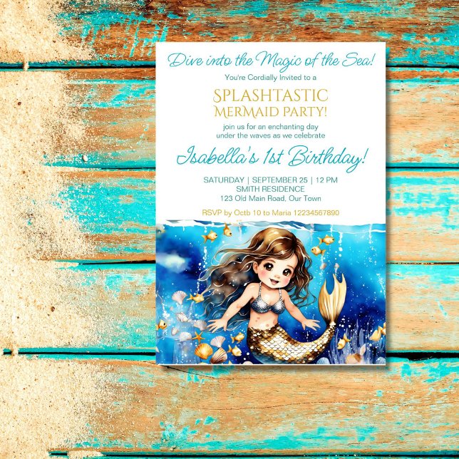 Sjöjungfru under havets söta födelsedagsfest inbjudningar (Mermaid under the sea birthday party template invitation cute baby mermaid with sea shells gold fish)