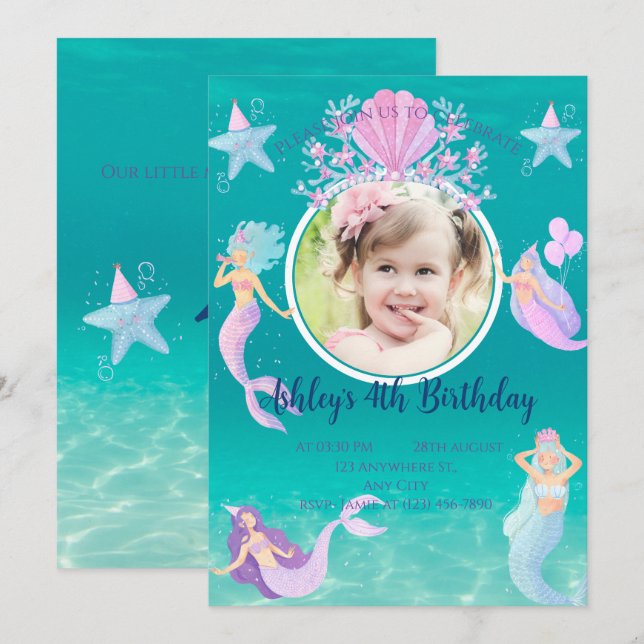 Sjöjungfru under havsvattenfärgen Havsungar party Inbjudningar (Fram/baksida)